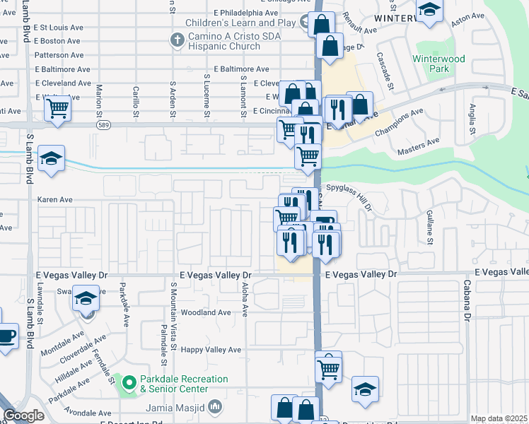 map of restaurants, bars, coffee shops, grocery stores, and more near 2725 South Nellis Boulevard in Las Vegas