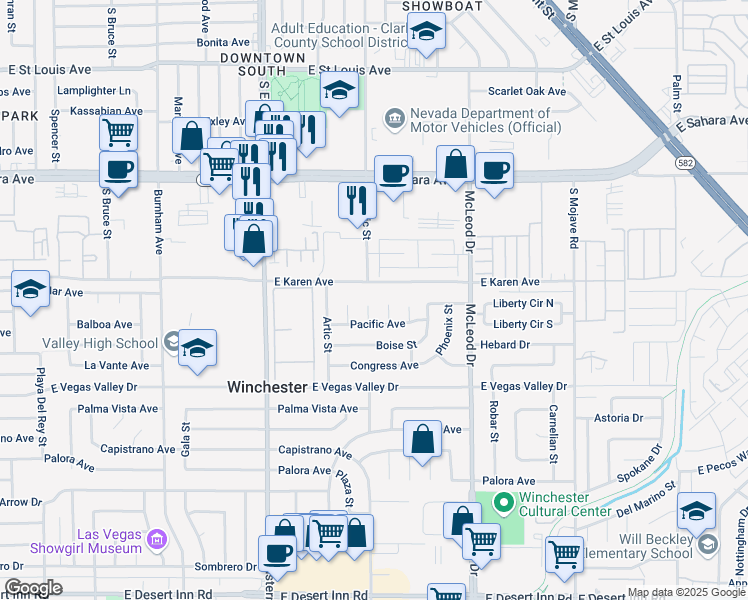 map of restaurants, bars, coffee shops, grocery stores, and more near 2750 Topaz Court in Las Vegas