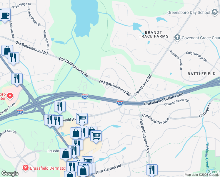 map of restaurants, bars, coffee shops, grocery stores, and more near 2865 Treestead Circle in Greensboro