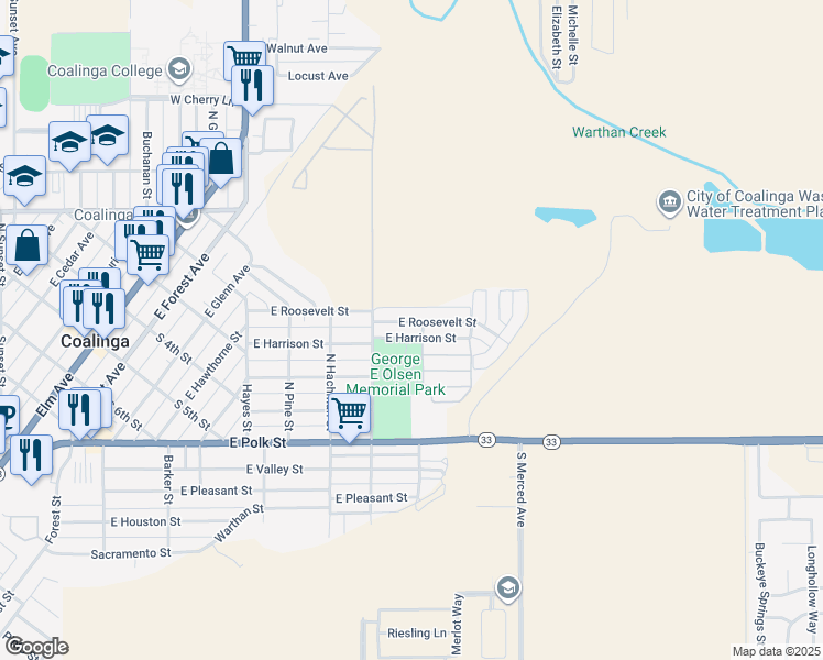 map of restaurants, bars, coffee shops, grocery stores, and more near 484 East Roosevelt Street in Coalinga