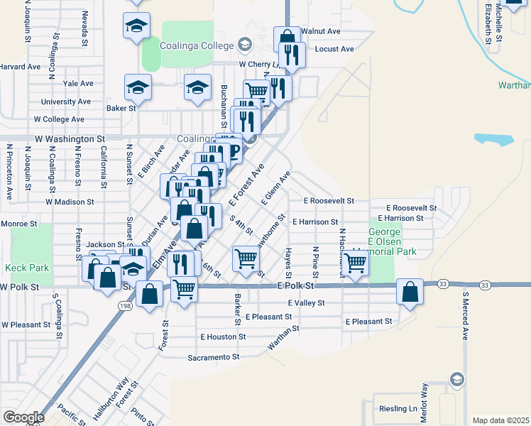 map of restaurants, bars, coffee shops, grocery stores, and more near 275 East Hawthorne Street in Coalinga