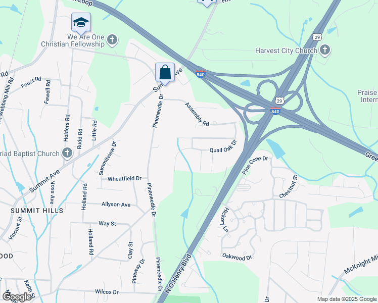 map of restaurants, bars, coffee shops, grocery stores, and more near 2718 Quail Oaks Drive in Greensboro