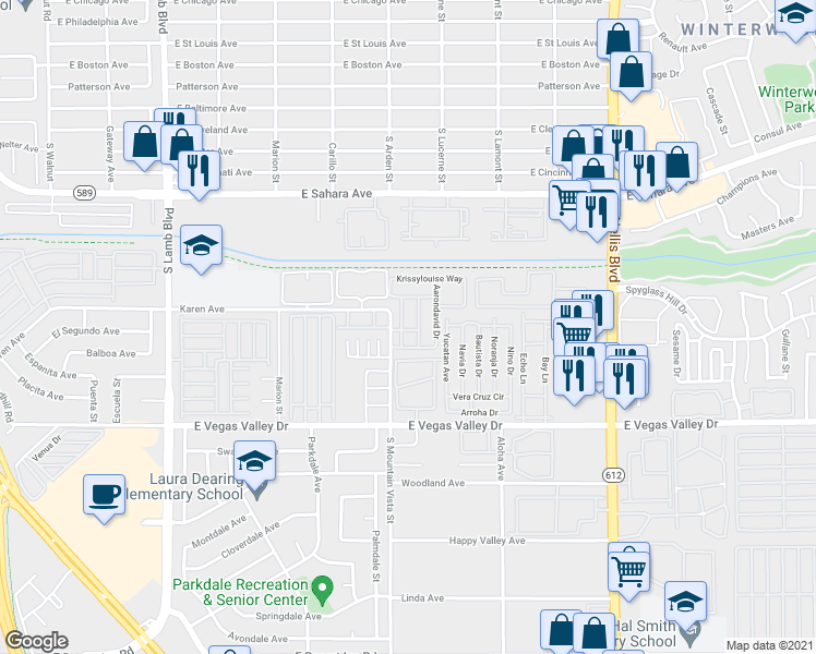 map of restaurants, bars, coffee shops, grocery stores, and more near 2755 Jennydiane Drive in Las Vegas