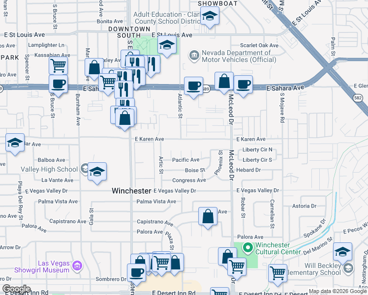 map of restaurants, bars, coffee shops, grocery stores, and more near 2750 Topaz Court in Las Vegas