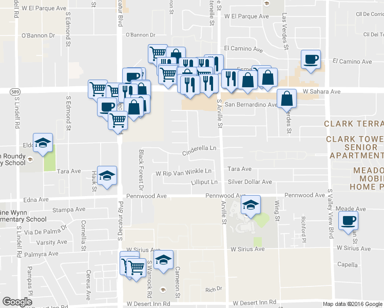 map of restaurants, bars, coffee shops, grocery stores, and more near 4505 Aladdin Lane in Las Vegas