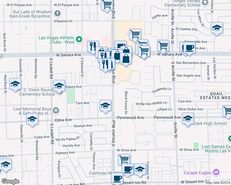 map of restaurants, bars, coffee shops, grocery stores, and more near 2830 South Decatur Boulevard in Las Vegas