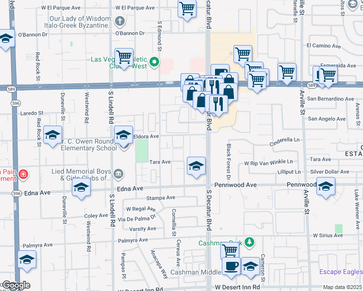 map of restaurants, bars, coffee shops, grocery stores, and more near 5070 Tara Avenue in Las Vegas