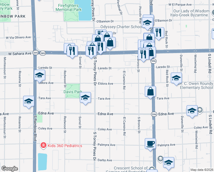 map of restaurants, bars, coffee shops, grocery stores, and more near 2740 Mann Street in Las Vegas