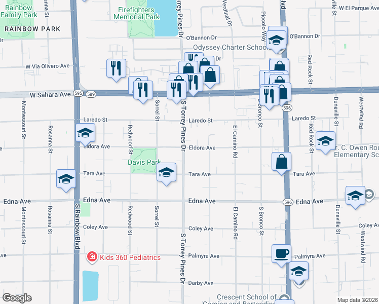 map of restaurants, bars, coffee shops, grocery stores, and more near 2750 South Torrey Pines Drive in Las Vegas