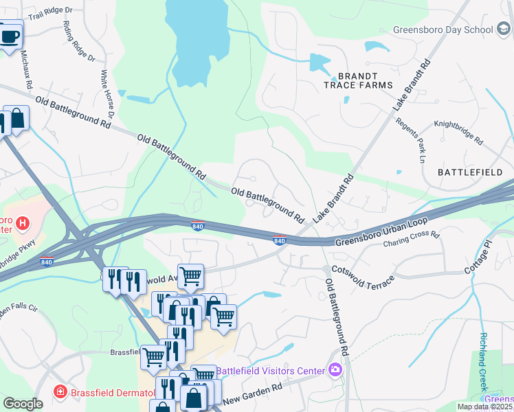 map of restaurants, bars, coffee shops, grocery stores, and more near 2865 Treestead Circle in Greensboro