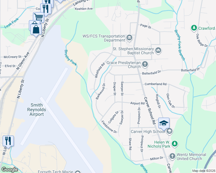 map of restaurants, bars, coffee shops, grocery stores, and more near 3826 Draper Street in Winston-Salem
