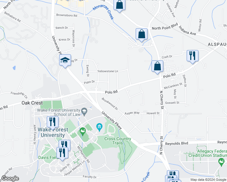 map of restaurants, bars, coffee shops, grocery stores, and more near 785 Polo Road in Winston-Salem