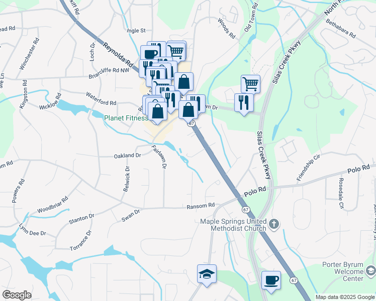 map of restaurants, bars, coffee shops, grocery stores, and more near 2700 Reynolda Road in Winston-Salem
