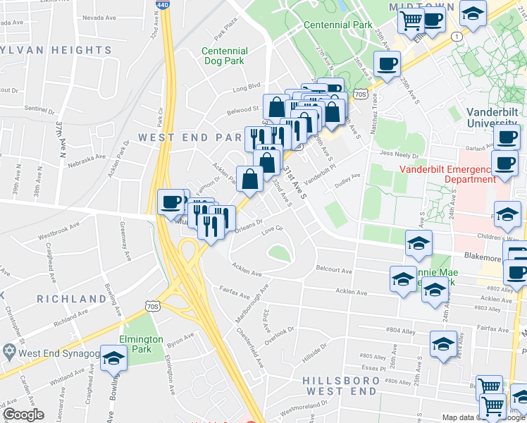 map of restaurants, bars, coffee shops, grocery stores, and more near 3311A Orleans Drive in Nashville