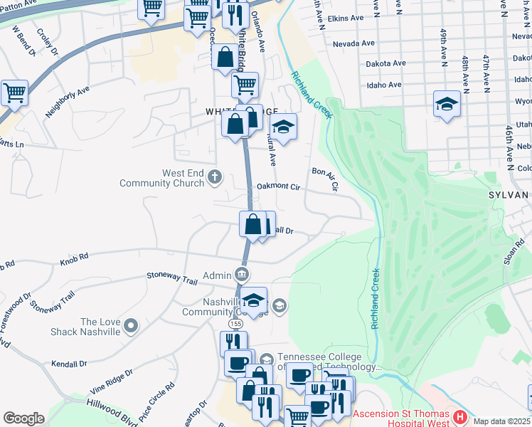 map of restaurants, bars, coffee shops, grocery stores, and more near 5544 Kendall Drive in Nashville