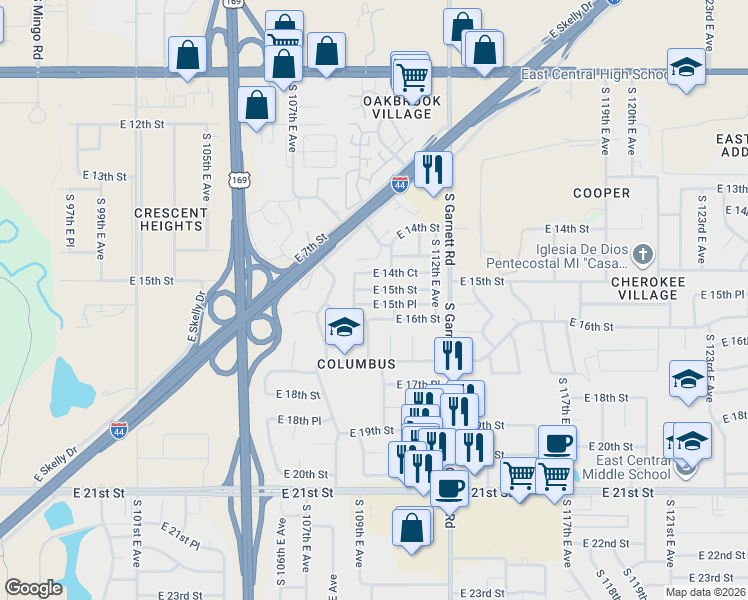 map of restaurants, bars, coffee shops, grocery stores, and more near 10905 East 16th Street in Tulsa