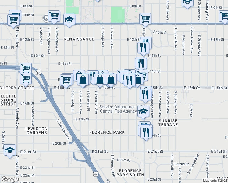 map of restaurants, bars, coffee shops, grocery stores, and more near 1531 South Florence Avenue in Tulsa