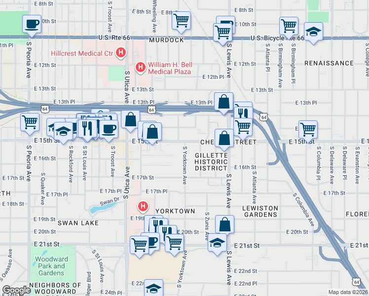 map of restaurants, bars, coffee shops, grocery stores, and more near 1528 South Yorktown Avenue in Tulsa