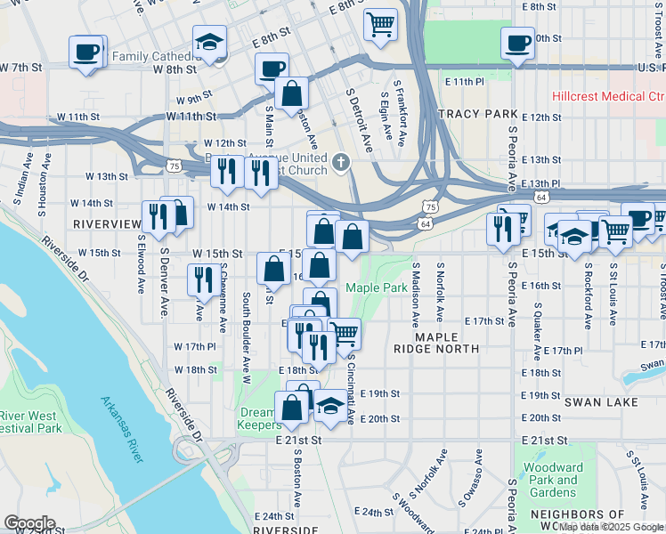 map of restaurants, bars, coffee shops, grocery stores, and more near 1601 South Boston Avenue in Tulsa