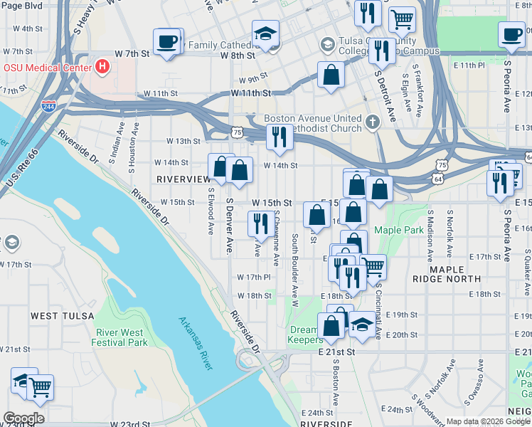 map of restaurants, bars, coffee shops, grocery stores, and more near 1601 South Cheyenne Avenue in Tulsa