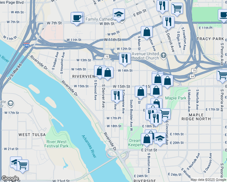 map of restaurants, bars, coffee shops, grocery stores, and more near 1606 South Carson Avenue in Tulsa