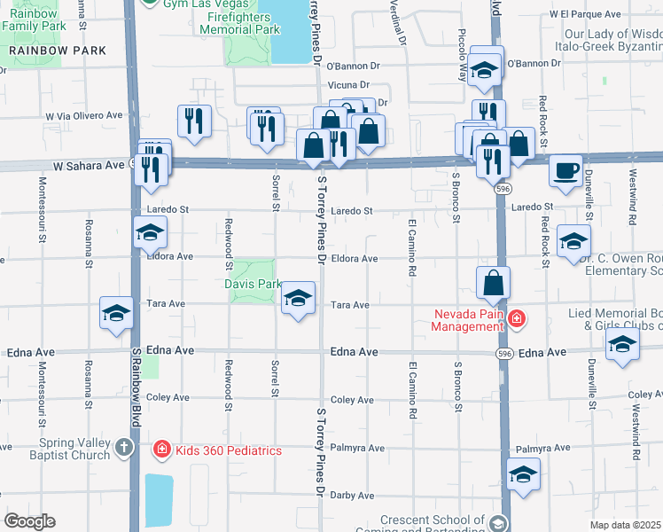 map of restaurants, bars, coffee shops, grocery stores, and more near 2750 South Torrey Pines Drive in Las Vegas