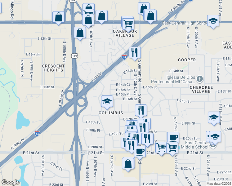 map of restaurants, bars, coffee shops, grocery stores, and more near 10905 East 16th Street in Tulsa