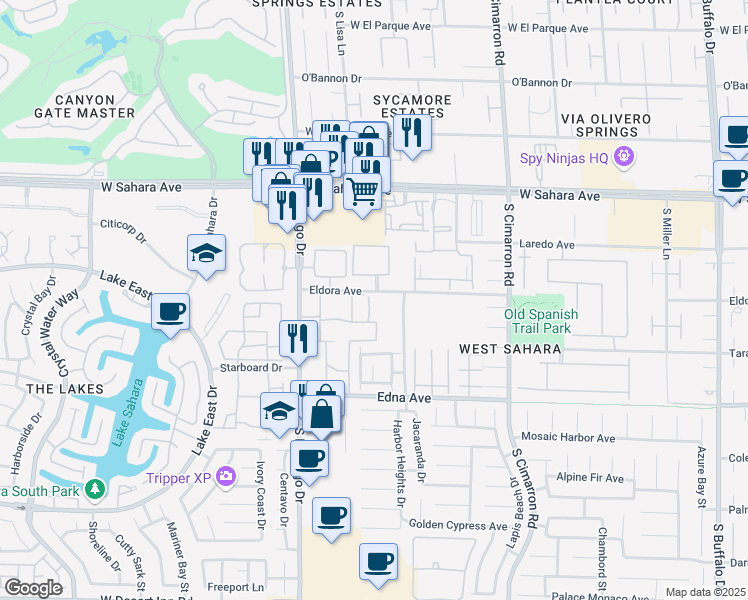 map of restaurants, bars, coffee shops, grocery stores, and more near 2750 South Durango Drive in Las Vegas