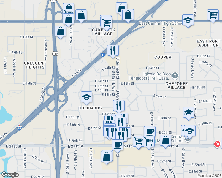 map of restaurants, bars, coffee shops, grocery stores, and more near 11045 East 15th Place in Tulsa