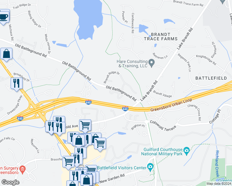 map of restaurants, bars, coffee shops, grocery stores, and more near 2927 Oaktop Circle in Greensboro