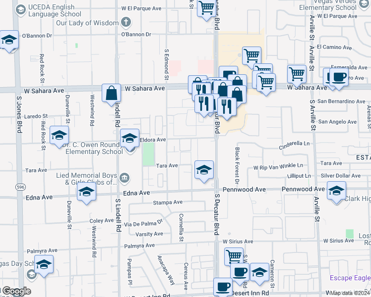 map of restaurants, bars, coffee shops, grocery stores, and more near 5087 Eldora Avenue in Las Vegas