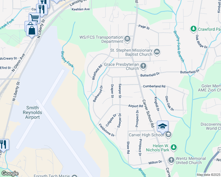 map of restaurants, bars, coffee shops, grocery stores, and more near 3850 Draper Street in Winston-Salem