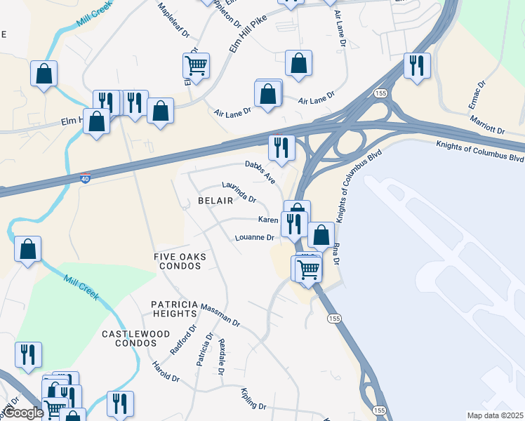 map of restaurants, bars, coffee shops, grocery stores, and more near 1925 Karen Drive in Nashville