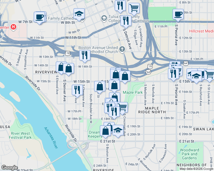 map of restaurants, bars, coffee shops, grocery stores, and more near 1511 South Baltimore Avenue in Tulsa