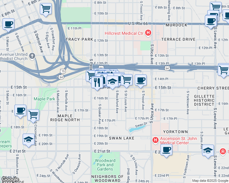 map of restaurants, bars, coffee shops, grocery stores, and more near 1519 South Quincy Avenue in Tulsa