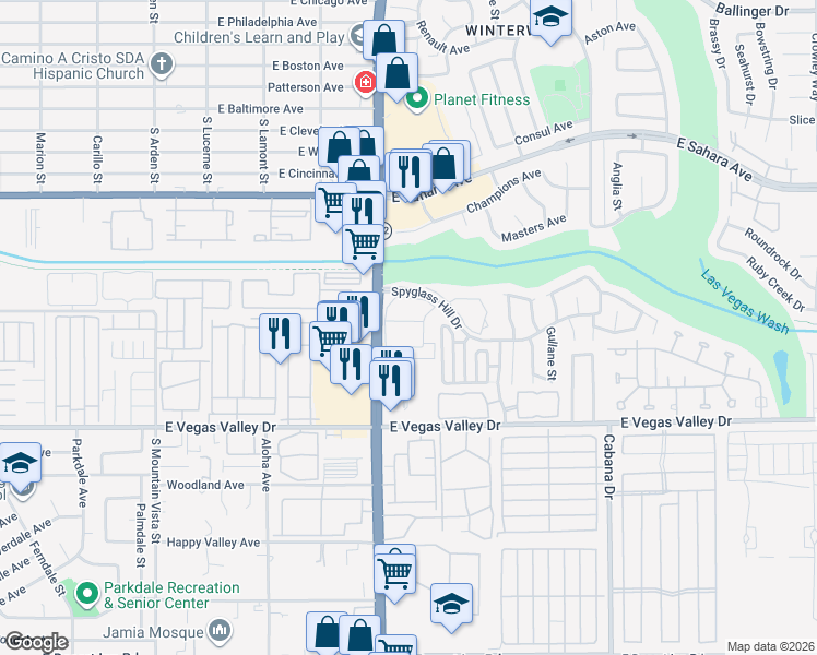 map of restaurants, bars, coffee shops, grocery stores, and more near 5075 Spyglass Hill Drive in Las Vegas