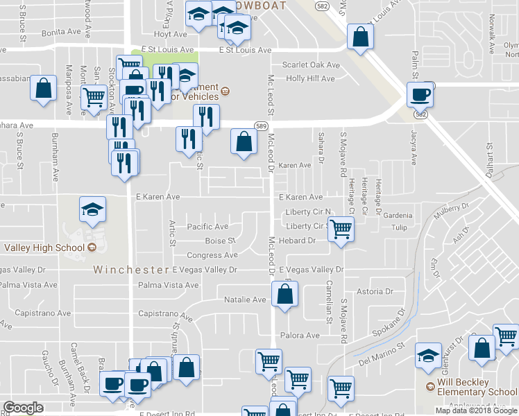 map of restaurants, bars, coffee shops, grocery stores, and more near 2964 Liberty Avenue in Las Vegas