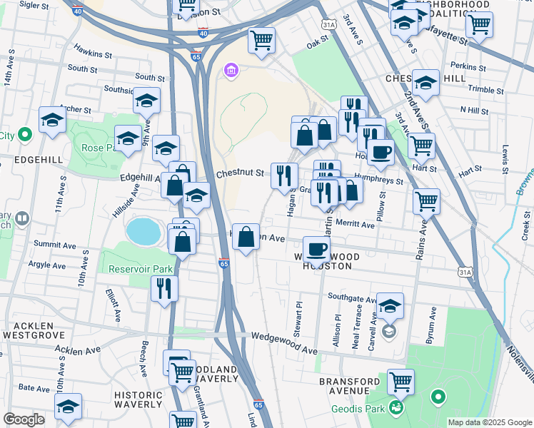 map of restaurants, bars, coffee shops, grocery stores, and more near 715 Merritt Avenue in Nashville