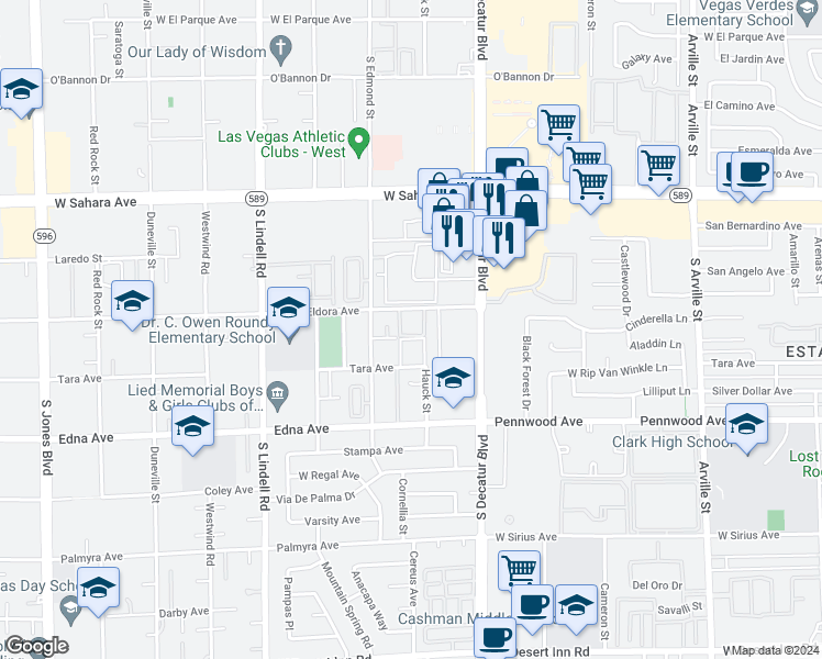 map of restaurants, bars, coffee shops, grocery stores, and more near 5087 Eldora Avenue in Las Vegas