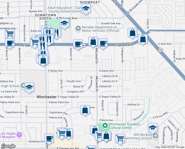 map of restaurants, bars, coffee shops, grocery stores, and more near 2964 Liberty Avenue in Las Vegas