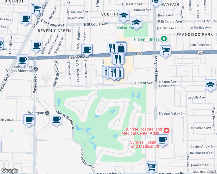 map of restaurants, bars, coffee shops, grocery stores, and more near 808 Tam O Shanter in Las Vegas