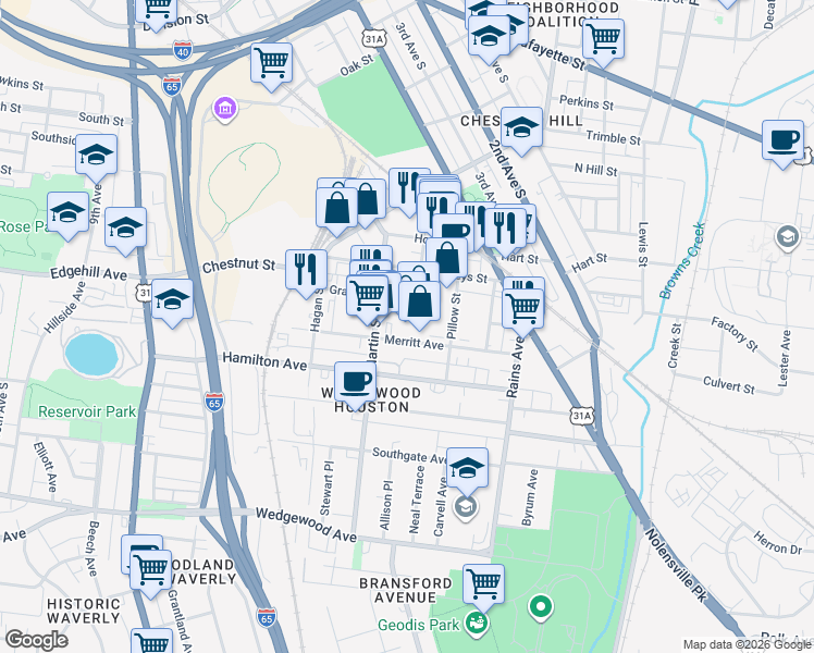 map of restaurants, bars, coffee shops, grocery stores, and more near 525 Merritt Avenue in Nashville