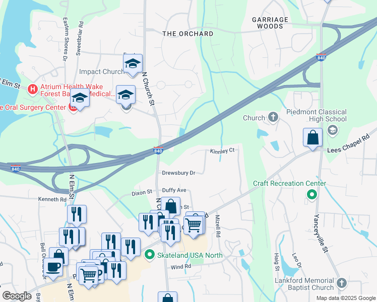 map of restaurants, bars, coffee shops, grocery stores, and more near 215 Kinnley Court in Greensboro