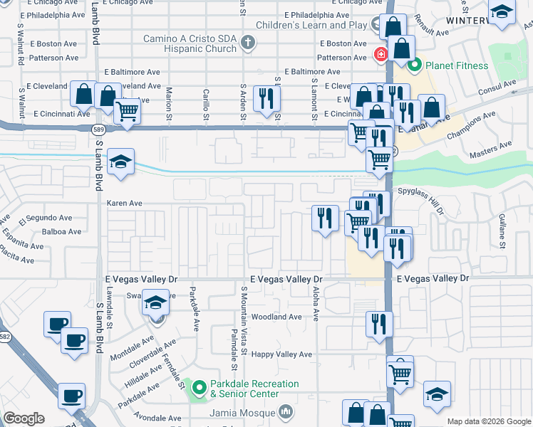 map of restaurants, bars, coffee shops, grocery stores, and more near 4670 Amberleigh Lane in Las Vegas