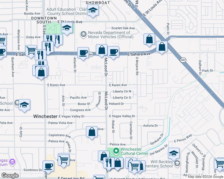 map of restaurants, bars, coffee shops, grocery stores, and more near 3030 Liberty Circle North in Las Vegas