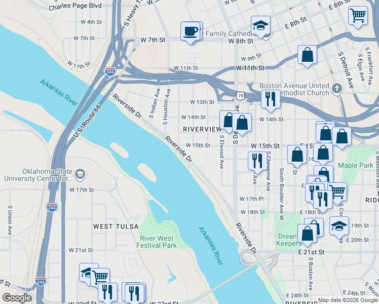 map of restaurants, bars, coffee shops, grocery stores, and more near 1525 Riverside Drive in Tulsa