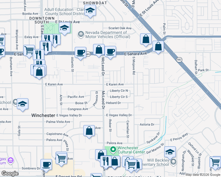 map of restaurants, bars, coffee shops, grocery stores, and more near 3040 Liberty Circle North in Las Vegas