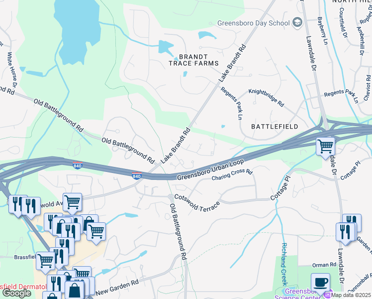 map of restaurants, bars, coffee shops, grocery stores, and more near 2340 Brandt Village Road in Greensboro