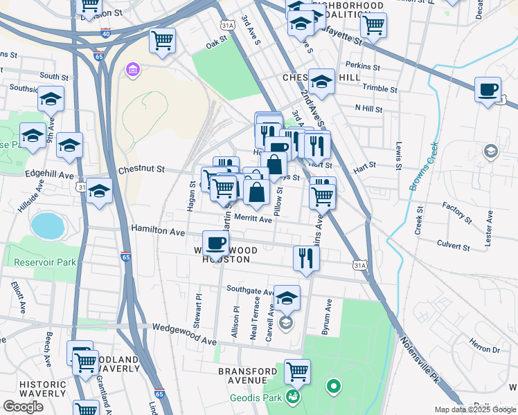 map of restaurants, bars, coffee shops, grocery stores, and more near 509 Merritt Avenue in Nashville