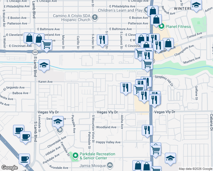 map of restaurants, bars, coffee shops, grocery stores, and more near 4670 Amberleigh Lane in Las Vegas